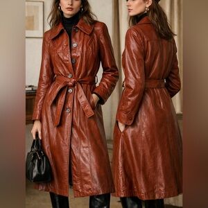Vintage 90s Sears Genuine Leather Cognac Coat